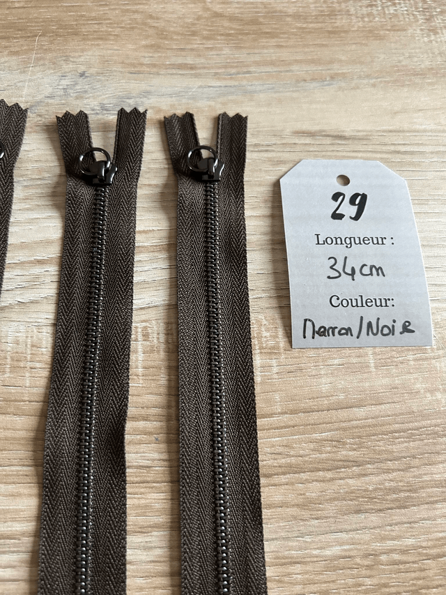 Fermetures éclair métallique marron et noir 34cm