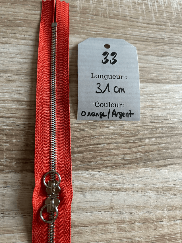 Fermetures éclair métallique orange double curseur 31cm