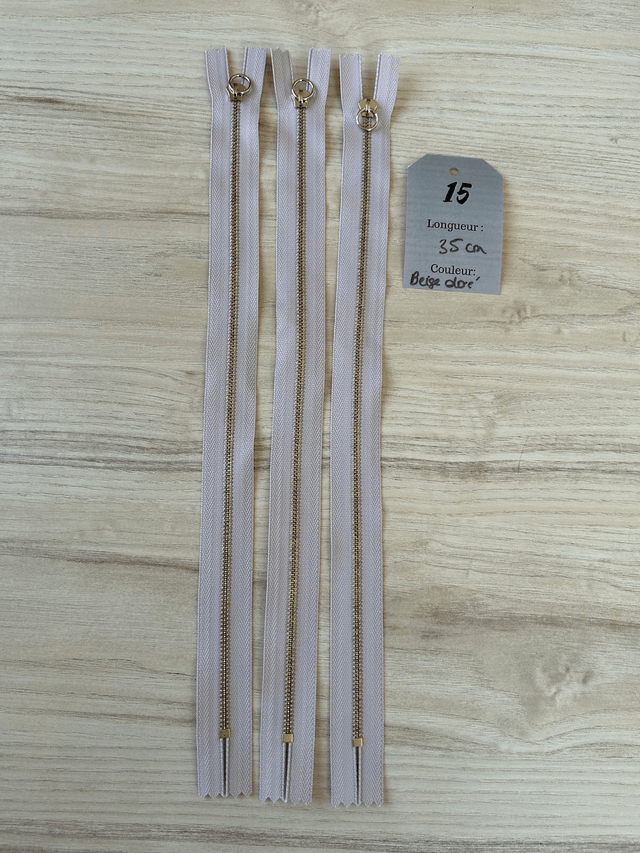 Fermetures éclair métallique beige doré 35cm