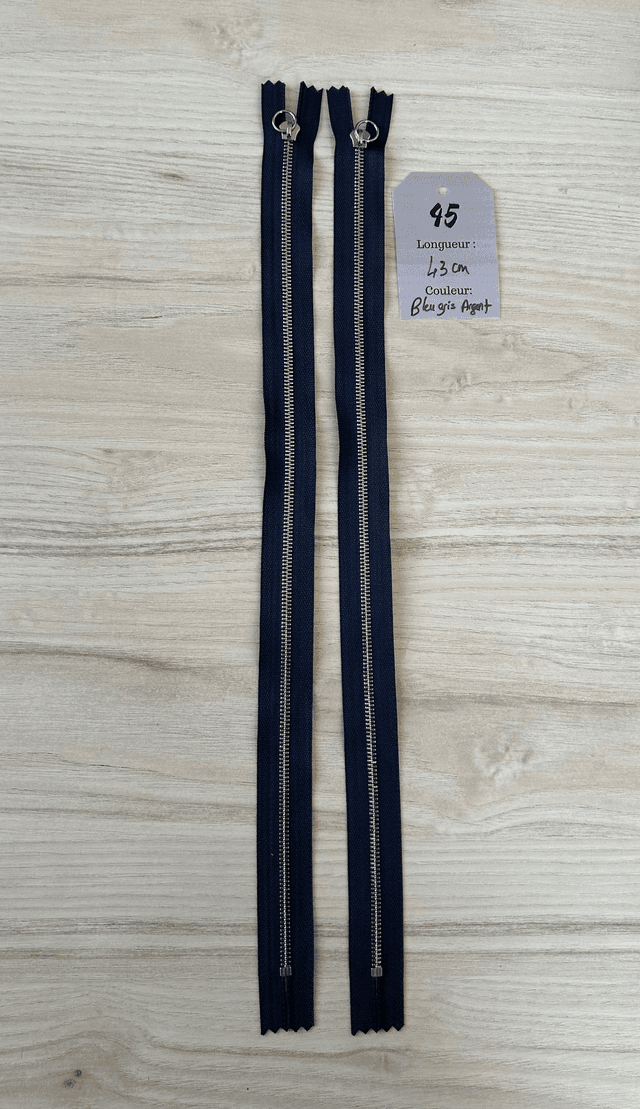 Fermetures éclair métallique bleu gris 43cm