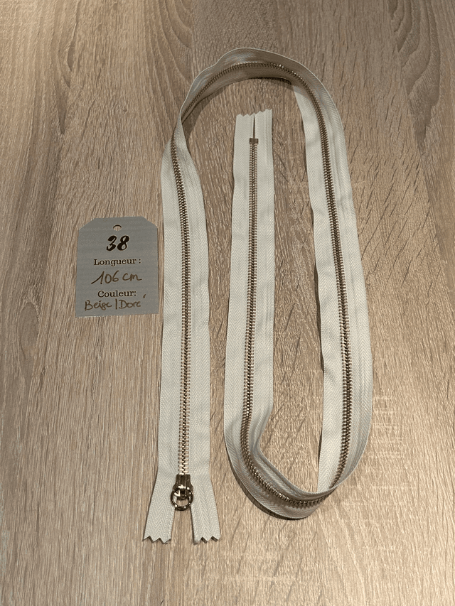 Fermetures éclair métallique beige doré 106cm
